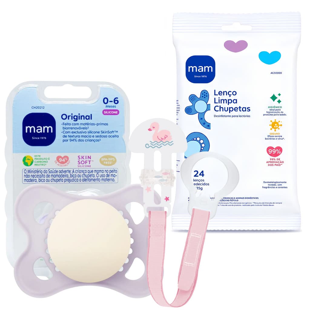 Kit Chupeta Mam Original 0-6 Meses Lilas + Prendedor + Lenco Limpa Chupetas