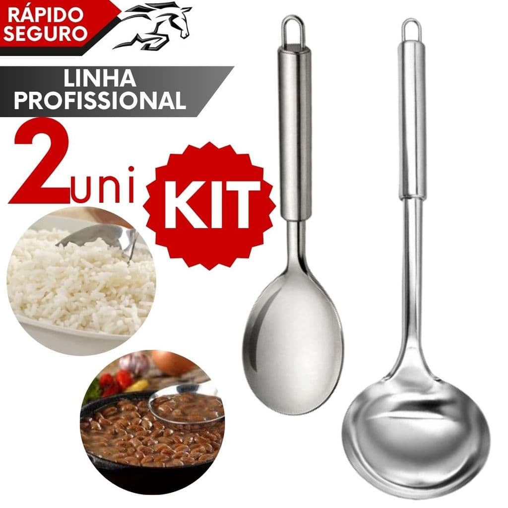 Kit Básico de Cozinha Para Servir Arroz e Feijão Colher Concha Cromado Bonito Resistente Cabo de Inox
