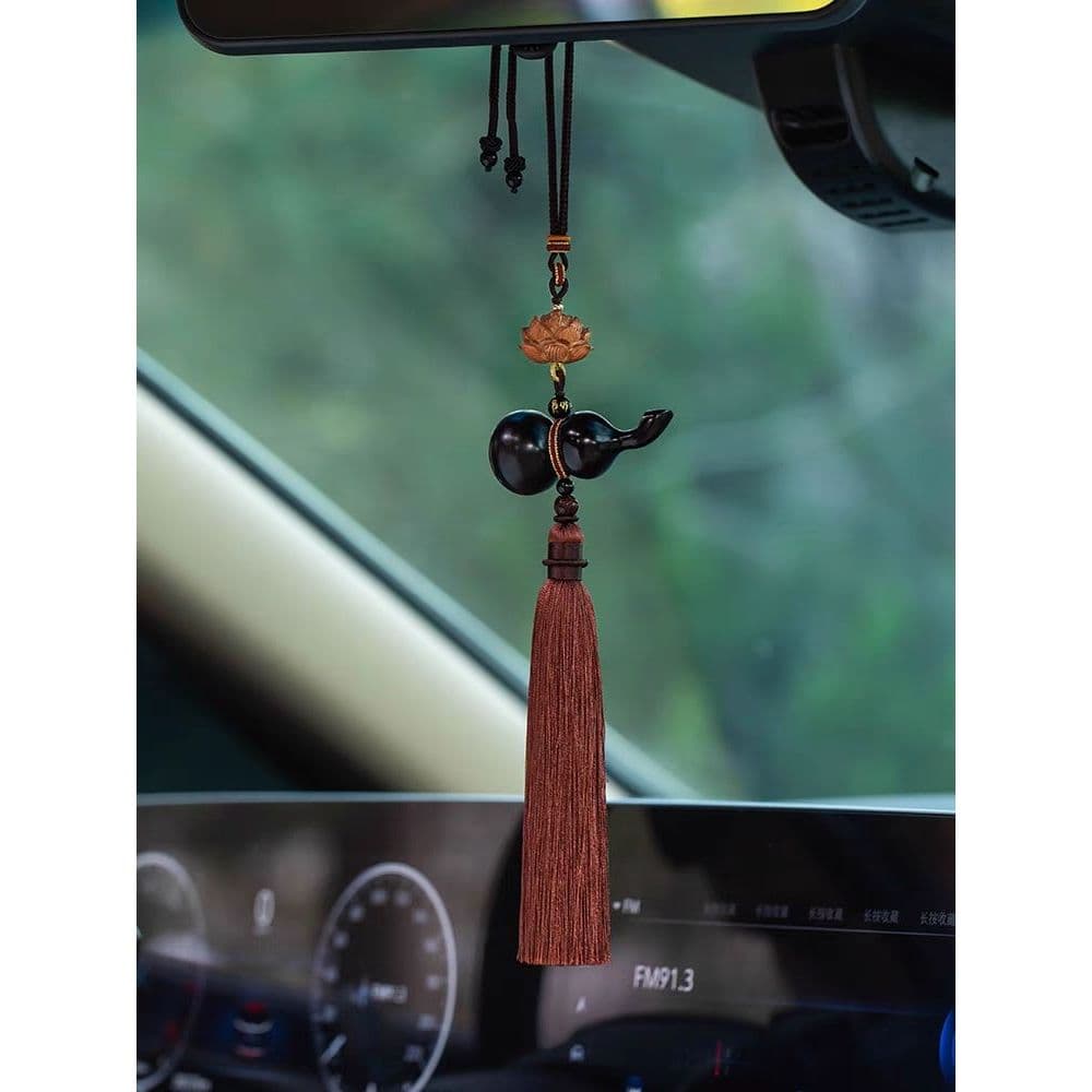Decoração interior de carro, cabaça da sorte em madeira de sândalo, pingente de espelho retrovisor em madeira de pêssego