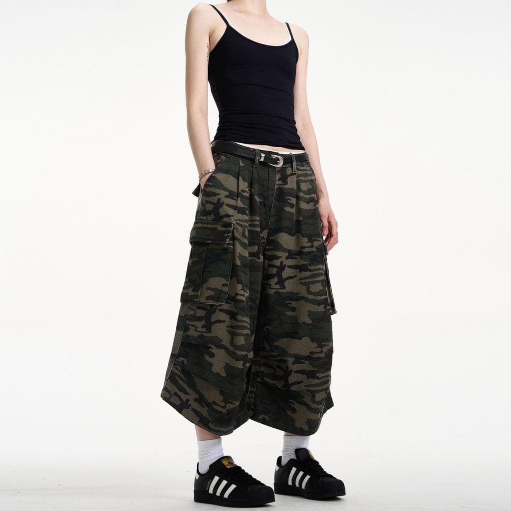 Americano Retro camuflagem macacão shorts masculino feminino verão Street Wear cleanfit solto Casual perna larga shorts
