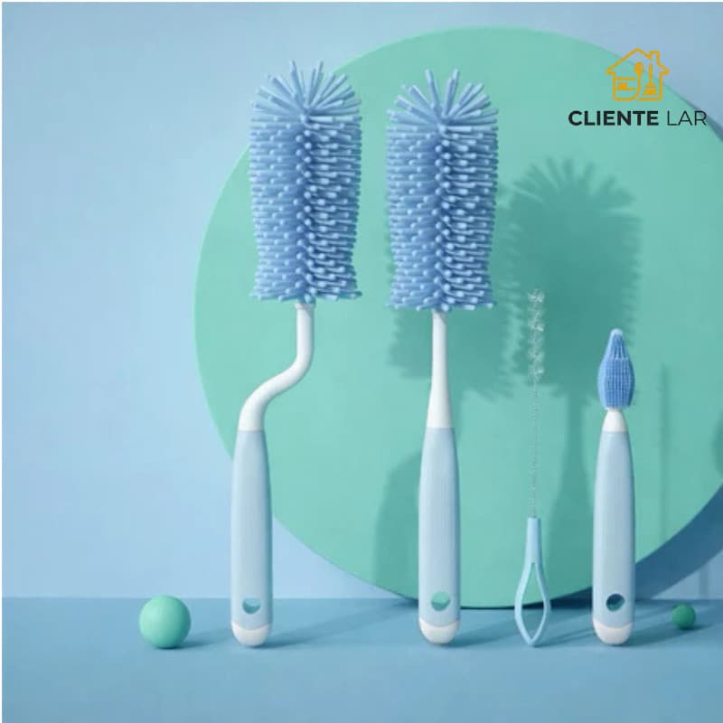 Kit 4 Escova De Silicone De Lavar Mamadeira Para Bebê Limpeza Completa Com Escova De Bico E Canudo Rosa Azul WL-2707