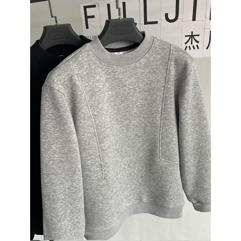 Estilo minimalista moletom de gola média masculino cinza pulôver pesado All-Match forro de lã de manga comprida engrossa