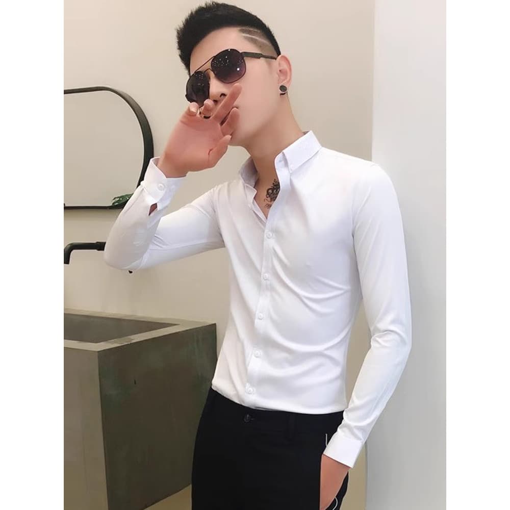 Primavera outono roupas masculinas camisas de manga comprida High-End moda magro-ajuste rufião bonito juventude gola pon