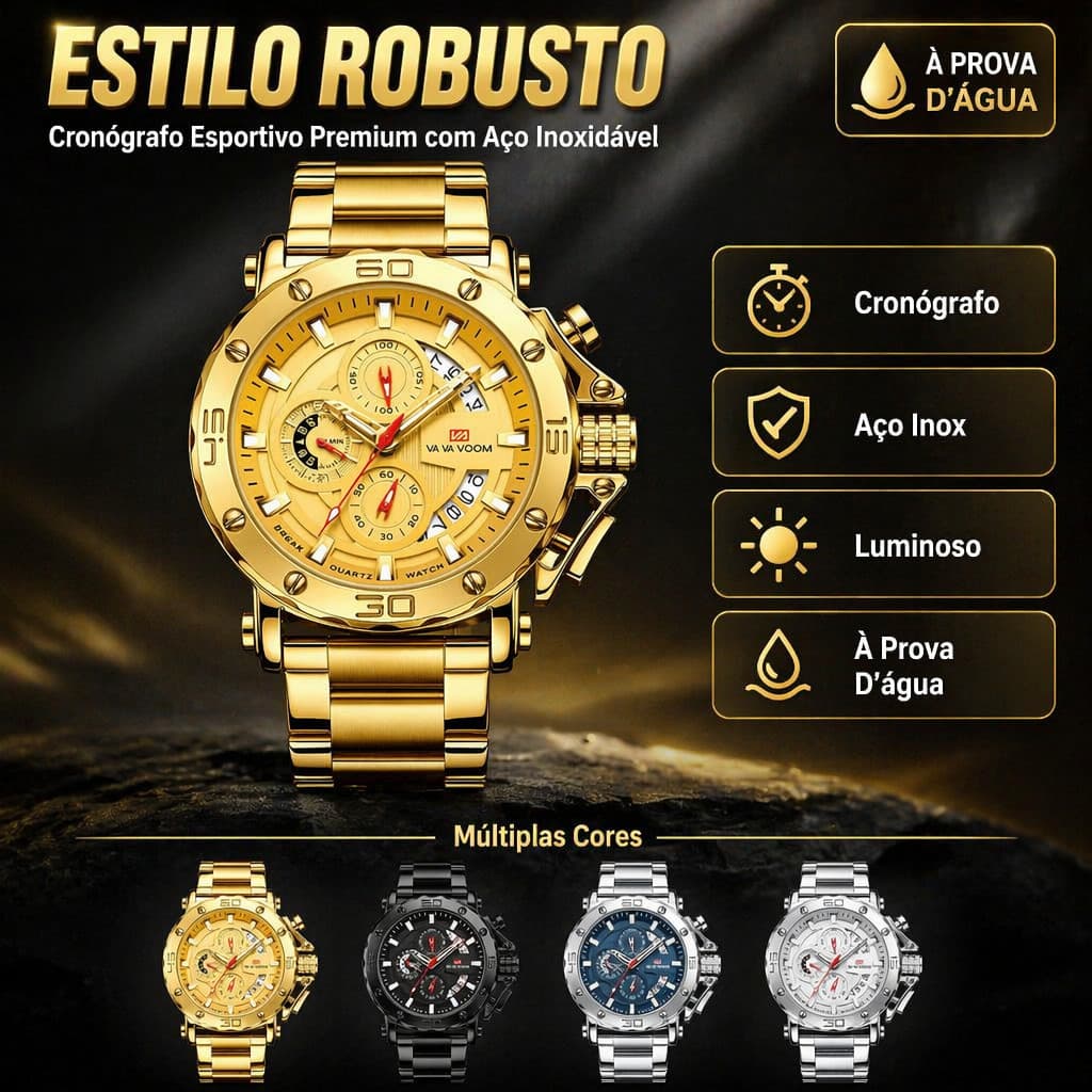 Relógio Masculino Esportivo Cronógrafo Quartzo Aço Inoxidável Mostrador Luminoso Grande À Prova D'água Pulseira Durável