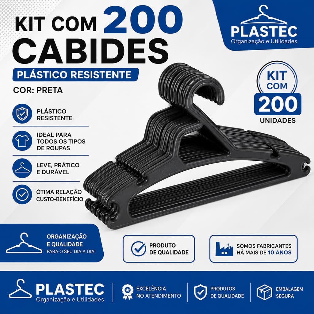 Kit com 200 Unidades Cabides Adulto Preto Envio Imediato