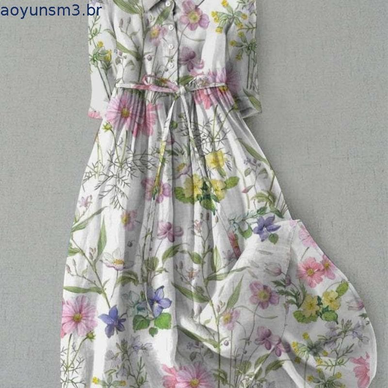 [beautymart .] Vestido Feminino Primavera Estampa Floral Manga Média Lapela Decote Em V Renda Cintura Alta Linha A Meio