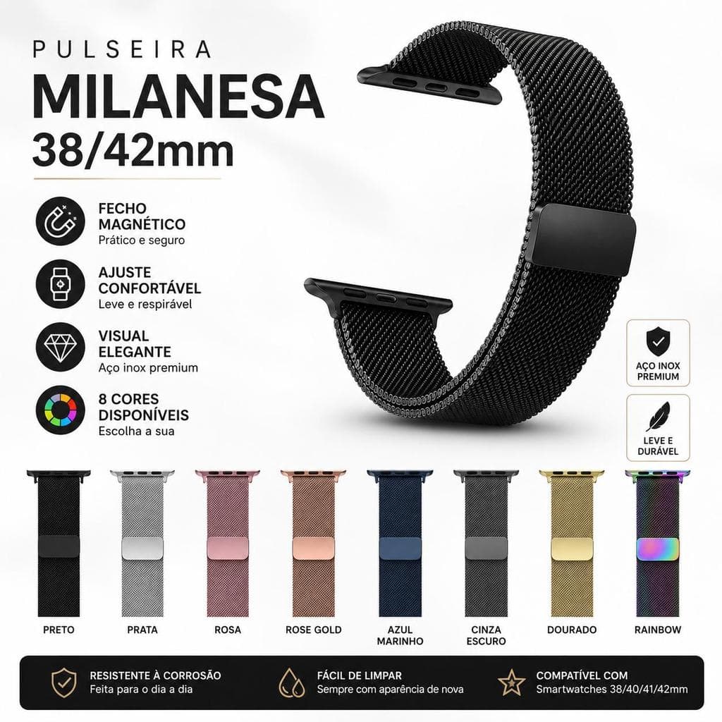 Pulseira Milanesa 38/42mm para Smartwatch, Fecho Magnético, Malha de Aço Inox, Ajustável, Leve e Elegante