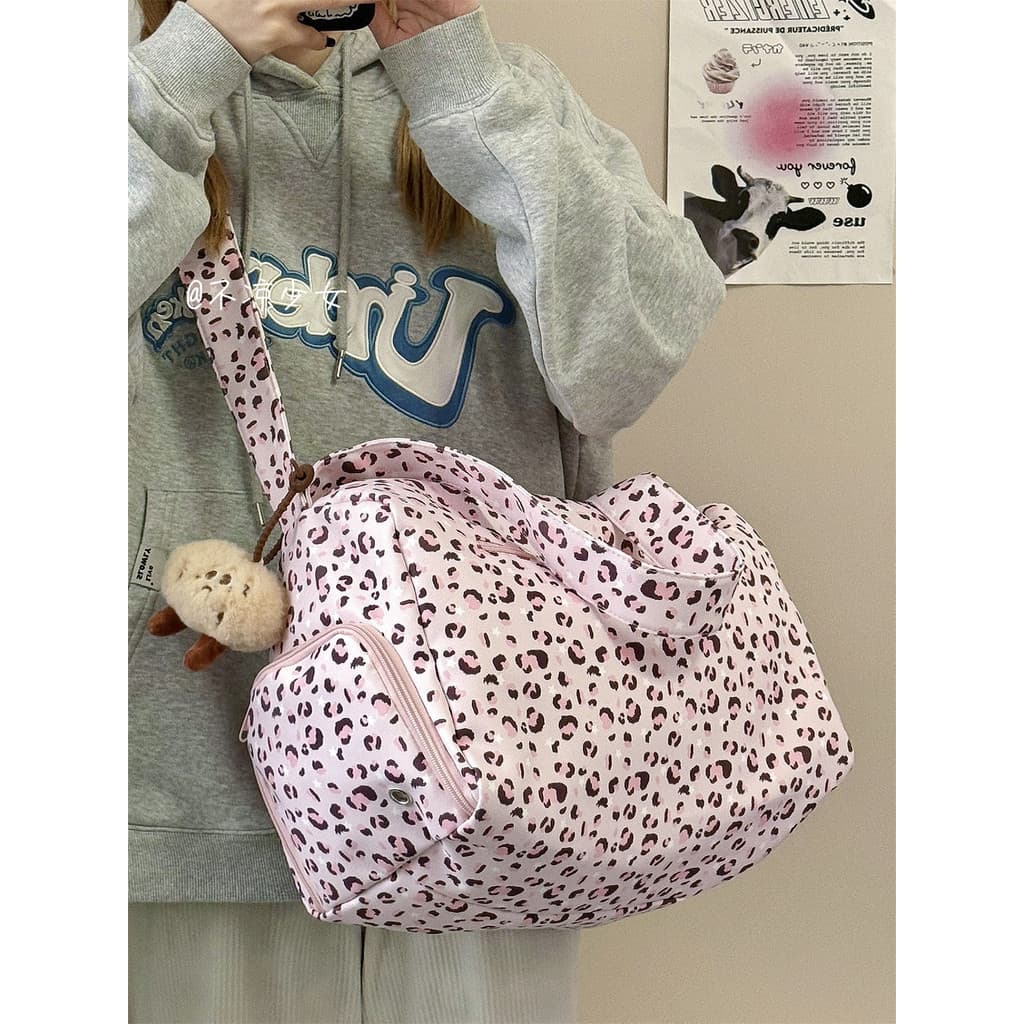 Bolsa de ginástica portátil com estampa de leopardo, grande capacidade, leve, esportiva, curta distância, bolsa de viage