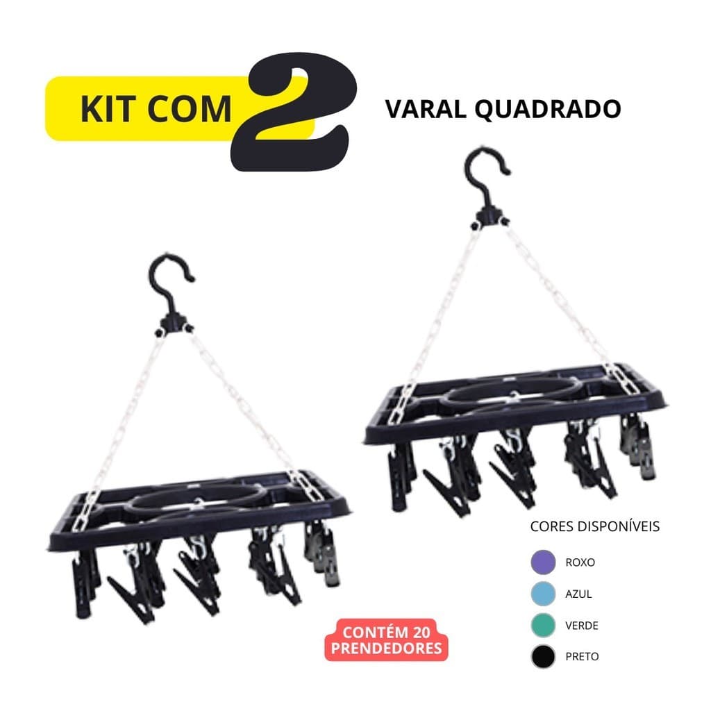 Kit Com 2 Varal Portátil Quadrado Com 20 Prendedores Para Roupas Toalhas Compacto Multiuso Casa Calcinhas