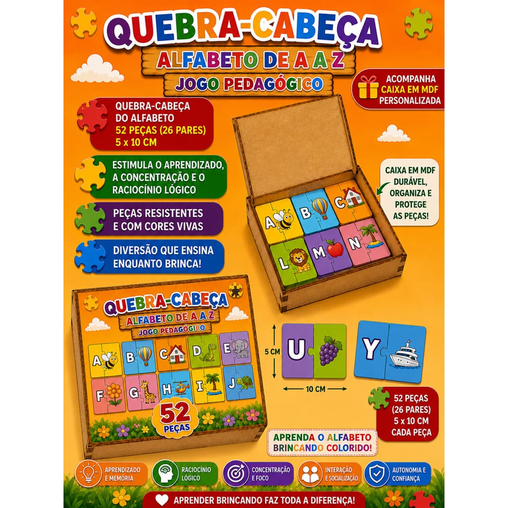 Brinquedo Quebra-Cabeça Alfabeto em MDF Envio Imediato