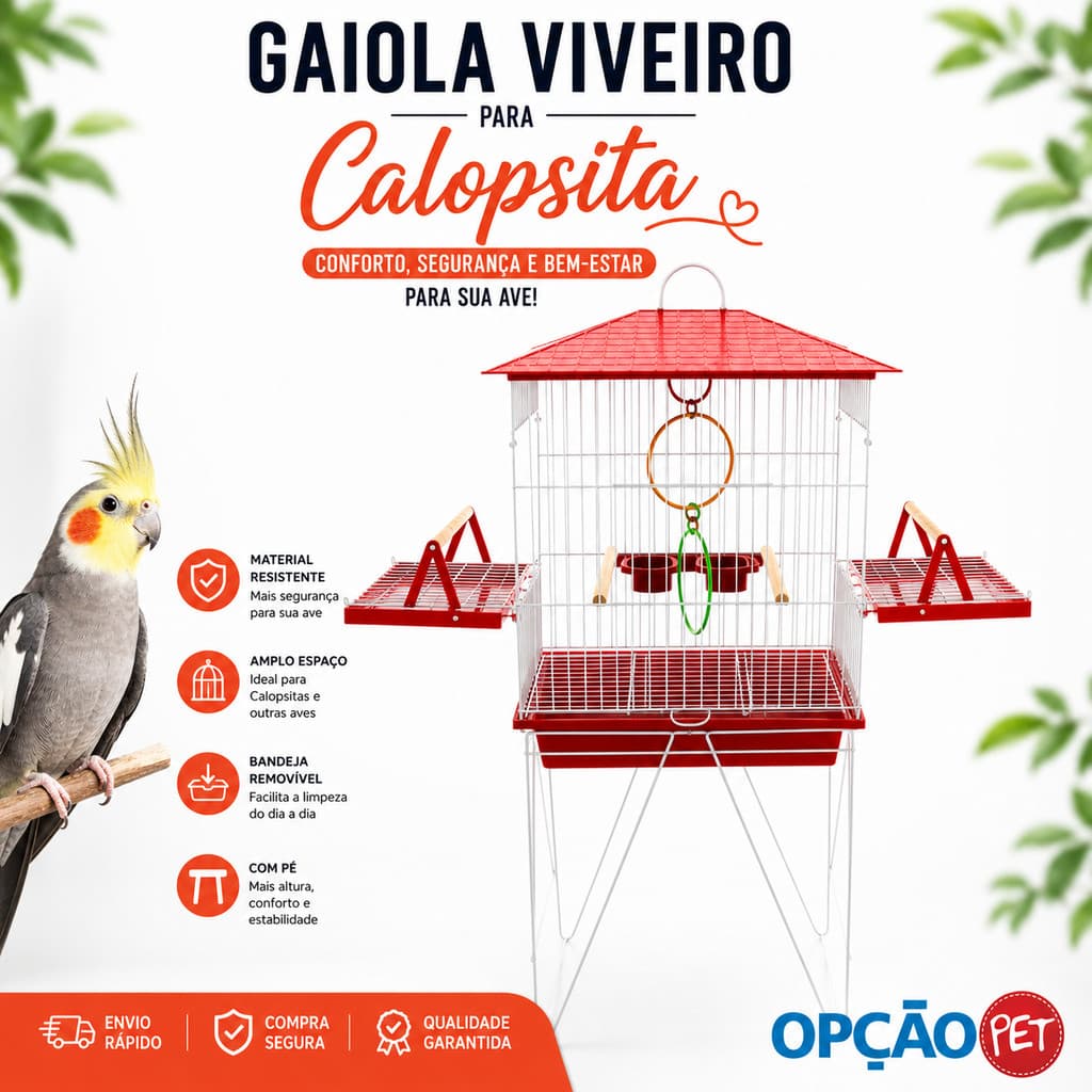 Gaiola Viveiro para calopsita com bandejas laterais + ACESSÓRIO UM JOGO DE ARGOLA COLORIDA mansa teto plástico VERMELHO