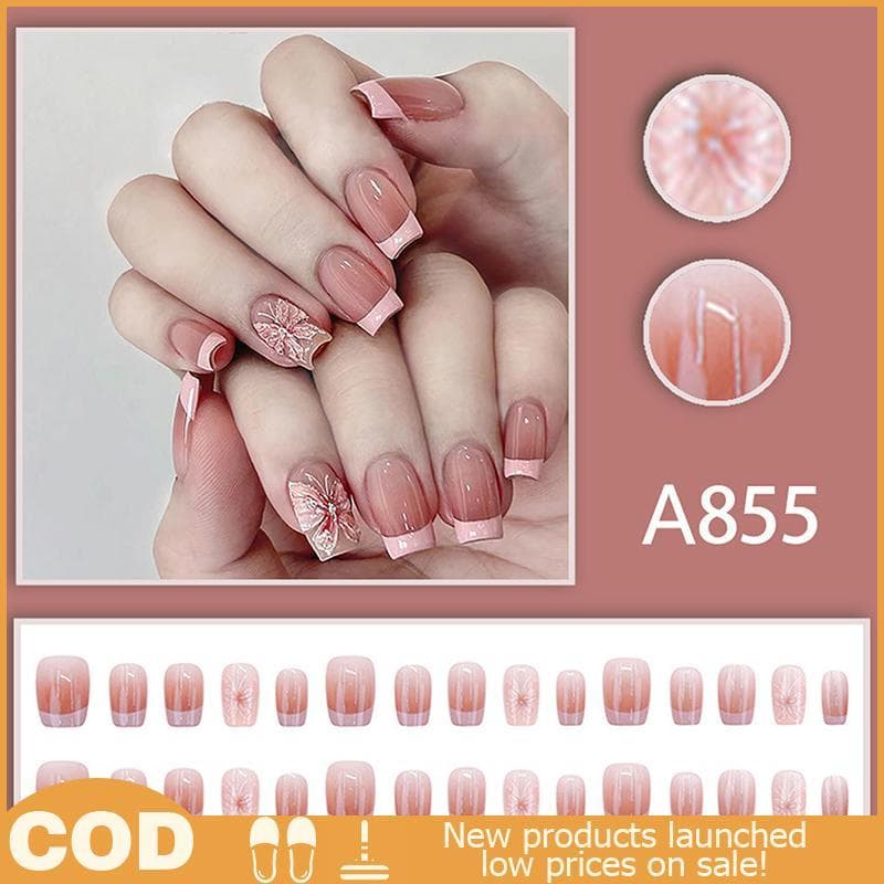 HDBR > 30 Peças Rosa Borboleta Francesa Curta Cabeça Quadrada Prensa Em Unhas Postiças Com Cola Glitter Design Falsas De