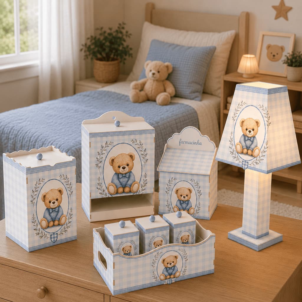 Lançamento Kit Higiene Bebê Ursinho Azul 8 Peças MDF Completo