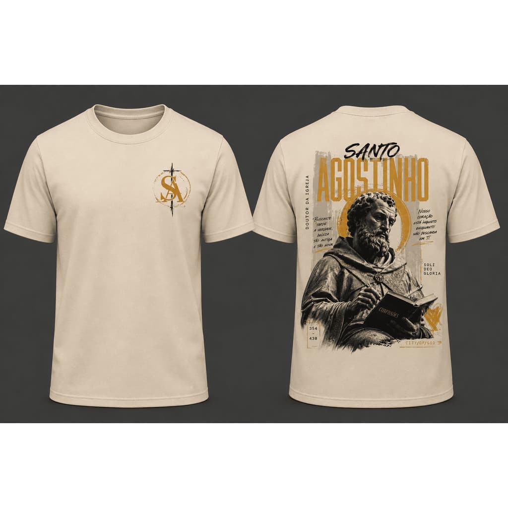 Camiseta Santo Agostinho Católica Masculina 100% Algodão Premium Estampa DTF Cristã Exclusiva