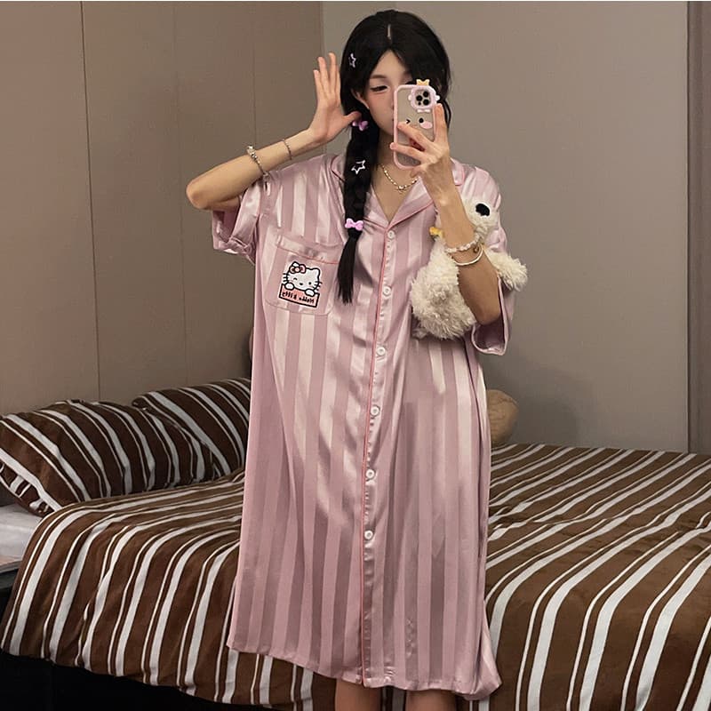 Camisola feminina verão 2025 novo estilo de manga curta gelo seda meados de comprimento pijamas verão senhoras bonito do