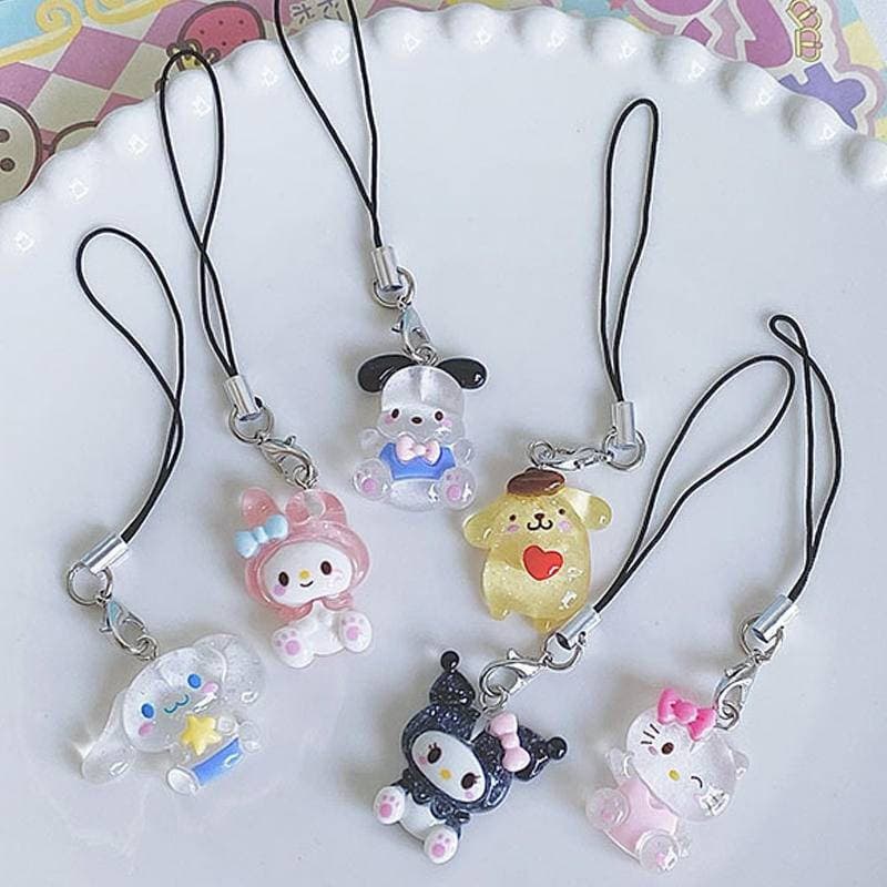 6 Pçs/Set Sanrio Cordão Do Telefone Móvel Mymelody Kuromi Cinnamoroll Pochacco Pom Purin Correias Chaveiro Sacos Pingent