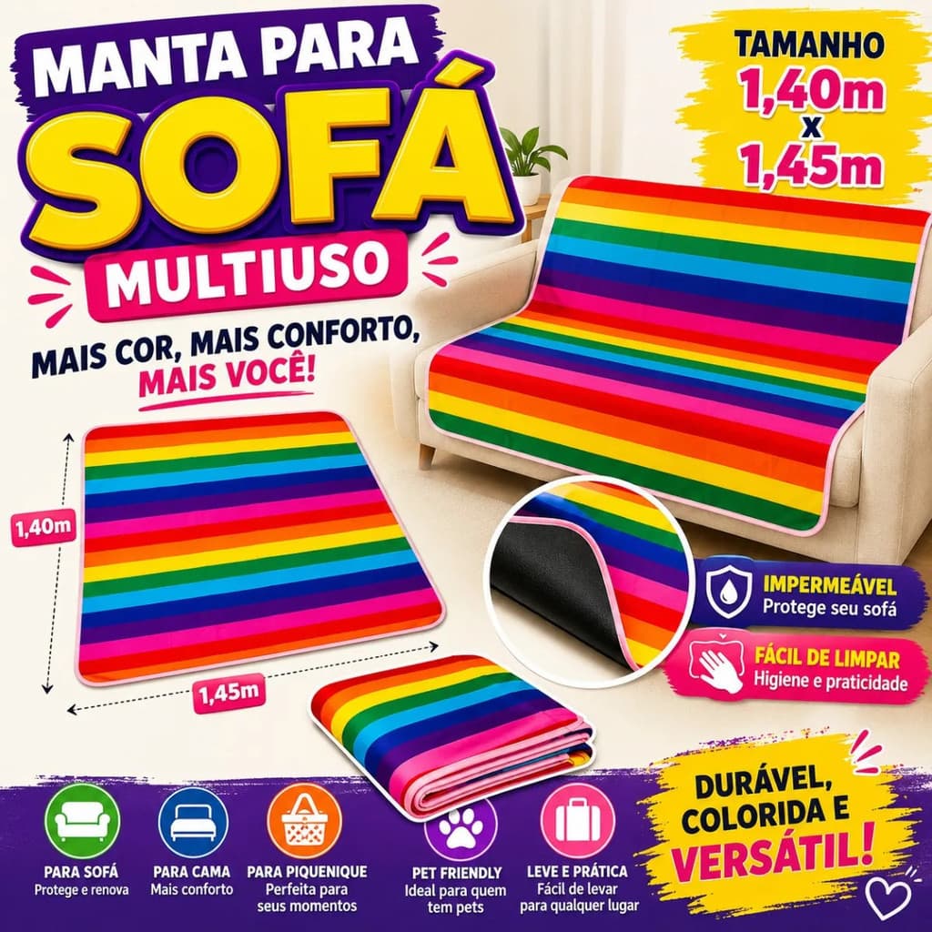 Covra Arco-Íris Manta De Sofá Multiuso Impermeável Leve Versátil E Colorida