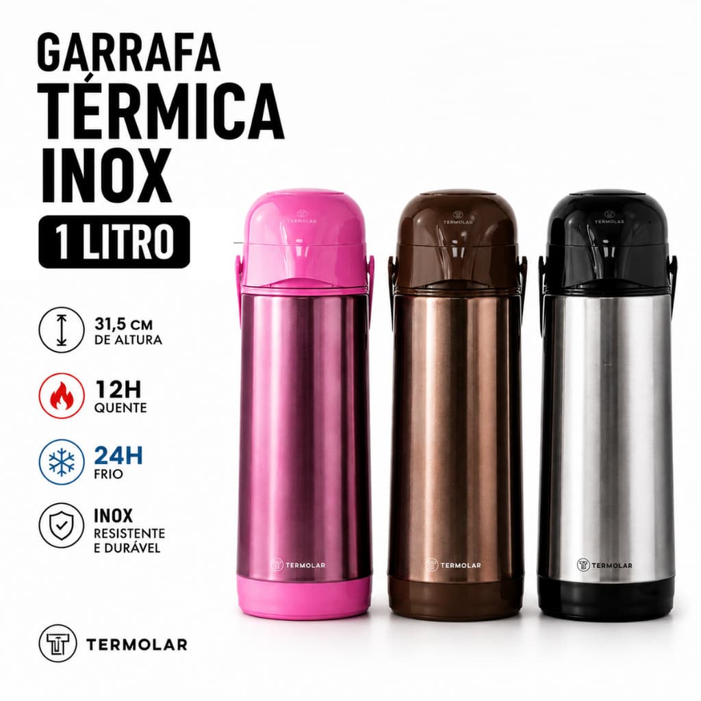 Garrafa Térmica Inox Café 1 Litro Termolar Lumina Chá Quente e Frio com Bomba