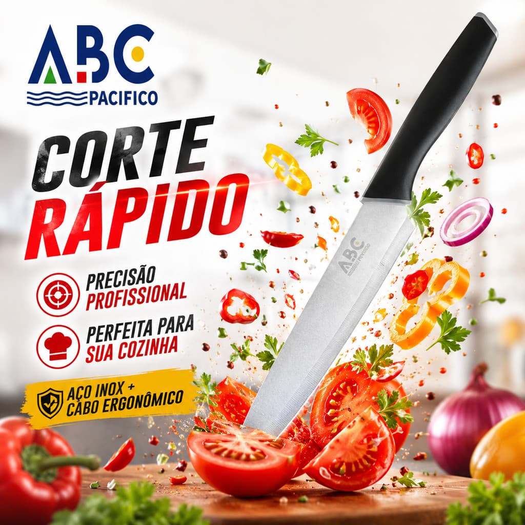 Kit 3 Faca Chef ABC Pacifico 32,5cm Aço Inox Cabo Ergonômico Cozinha