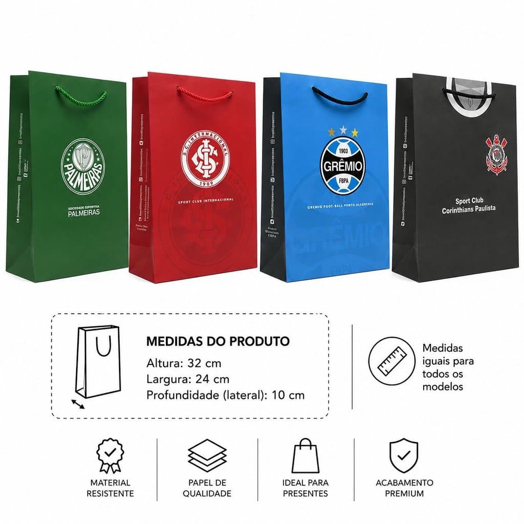 Sacola de Presente Oficial Licenciada Times de Futebol – Corinthians, Palmeiras, Internacional e Grêmio