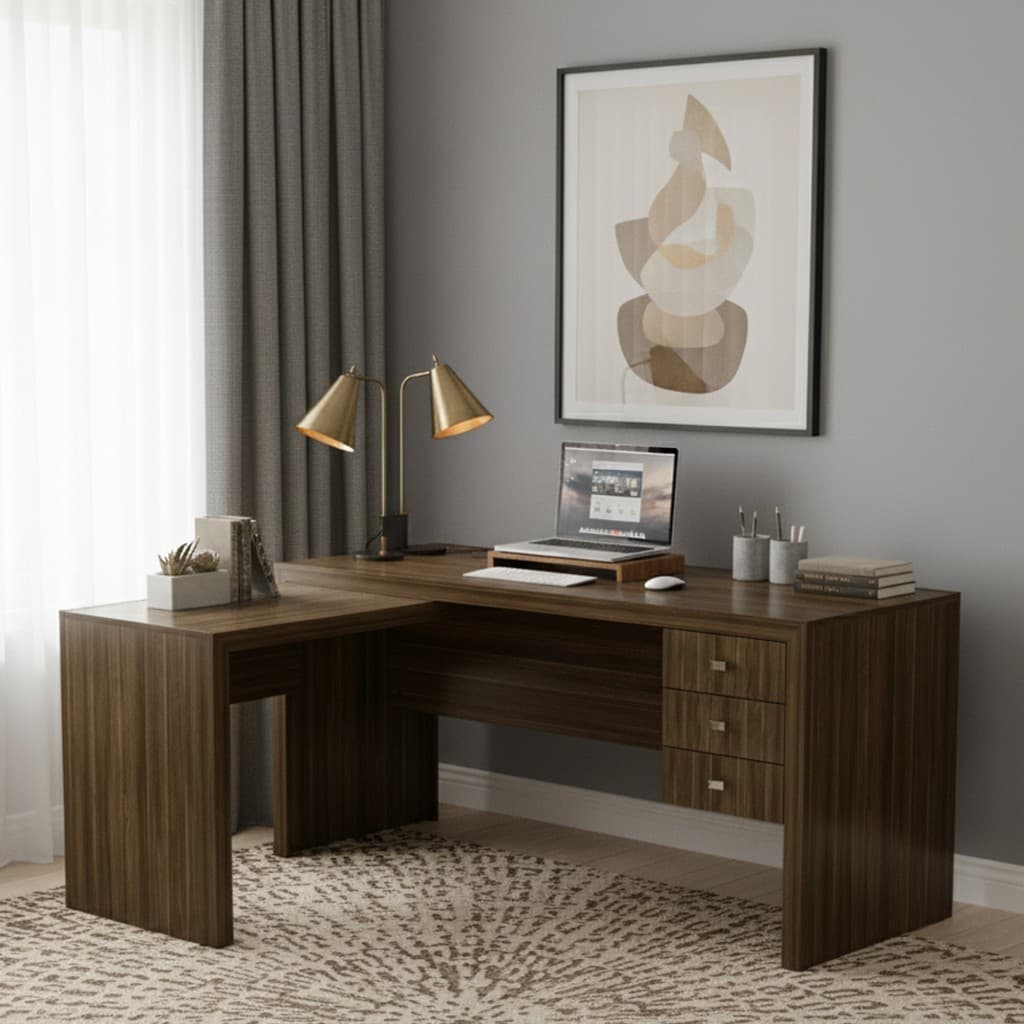 Mesa para Escritório com Mesa de Apoio e 3 Gavetas ME4106 Nogal