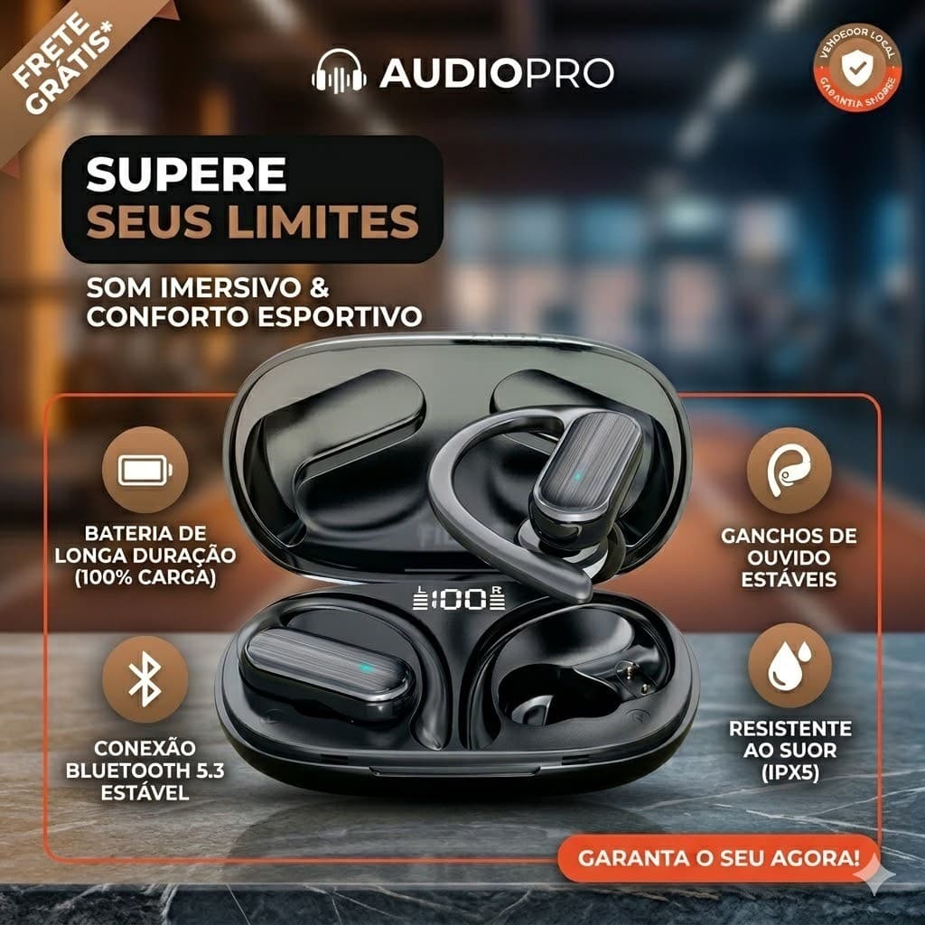 Fone A520 Preto Bluetooth 5.3 – Display LED, Gancho Esportivo, Graves Potentes e Microfone HD