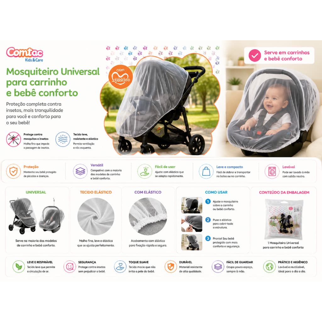 Mosquiteiro Universal para Carrinho de Bebê e Bebê Conforto com Elástico Proteção Contra Mosquitos