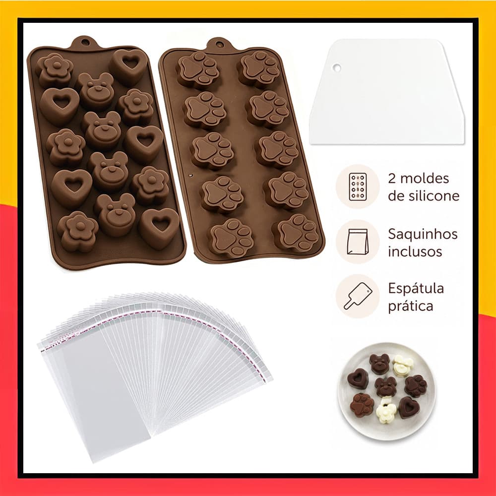 Conjunto de moldes para fazer Chocolate dois moldes + raspador + 100 sacos