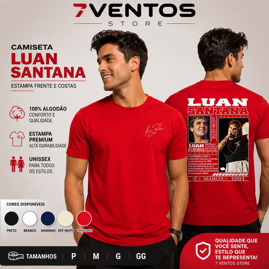 Camiseta Unissex Estampa Luan Santana Frente e Costas 100% Algodão