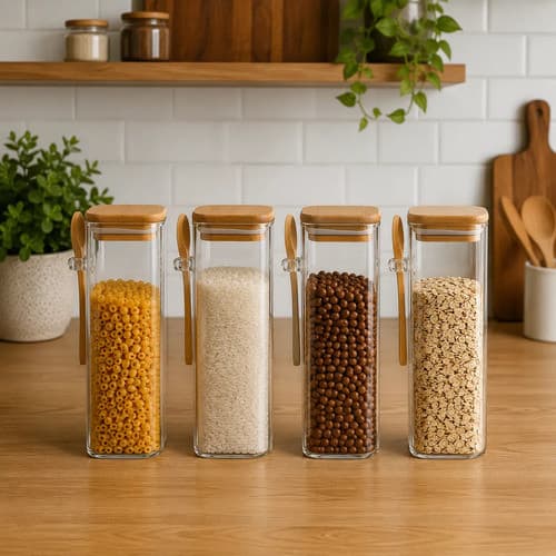Kit 4 Pote Vidro Quadrado 600ml Com Tampa De Bambu E Colher Vidro