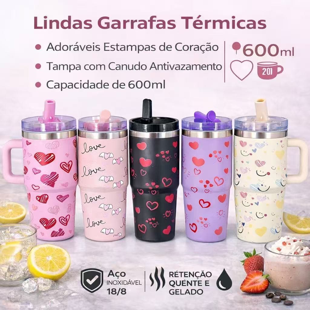 Copo Garrafa Térmico 600ml Estampa de Corações Com Canudo Chupeta Alça Para Crianças Escola Trabalho