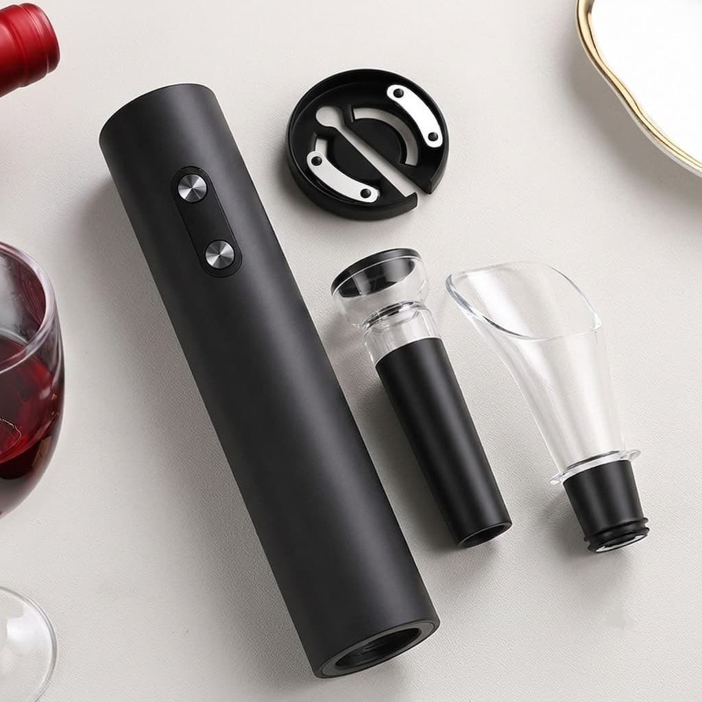 Kit de Abridor De Vinho Elétrico Saca Rolha Automático A Pilha com Aerador e Tampa a Vacuo Presente Sofisticado Casa