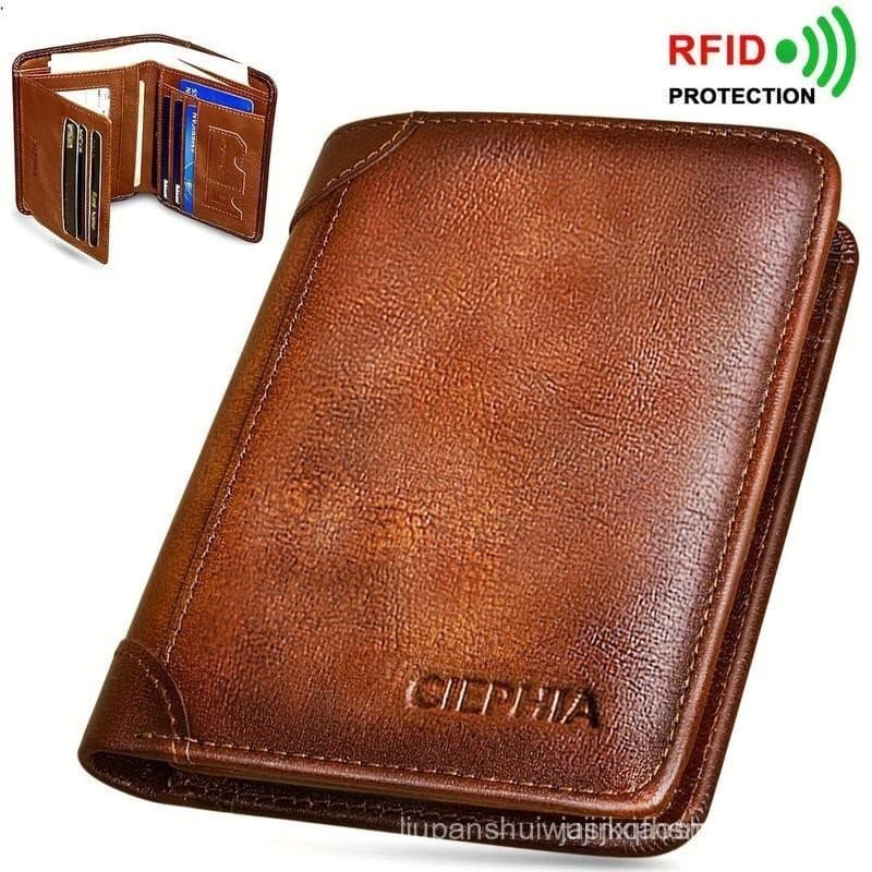 Carteira de Couro Masculina, Carteira com Bloqueio RFID, Porta-Cartões de Crédito Vintage Multifuncional Curto, Carteira