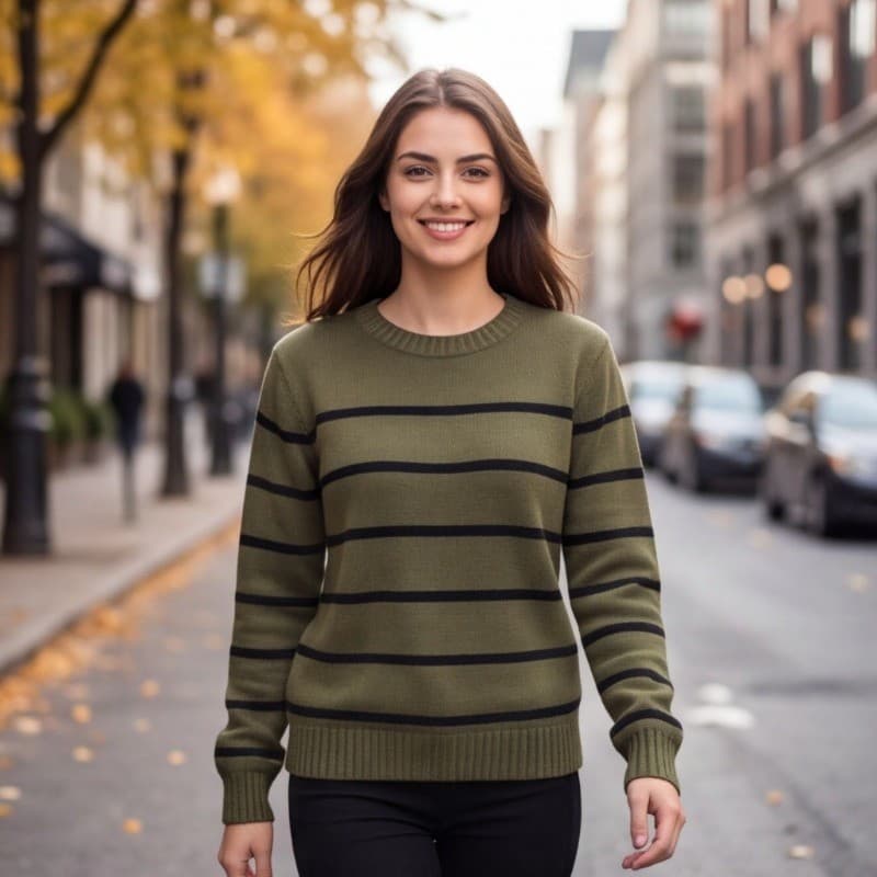 Blusa Feminina de Tricô Listrada Manga Longa Gola Redonda Casual Confortável Inverno Elegante