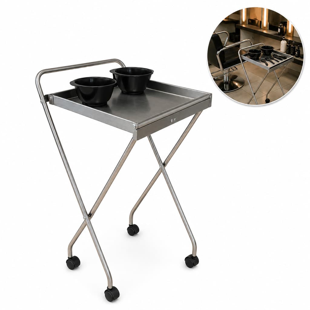 Carrinho Auxiliar Salão De Beleza 100% Inox Com Rodinhas Dobrável + 2 Potes.