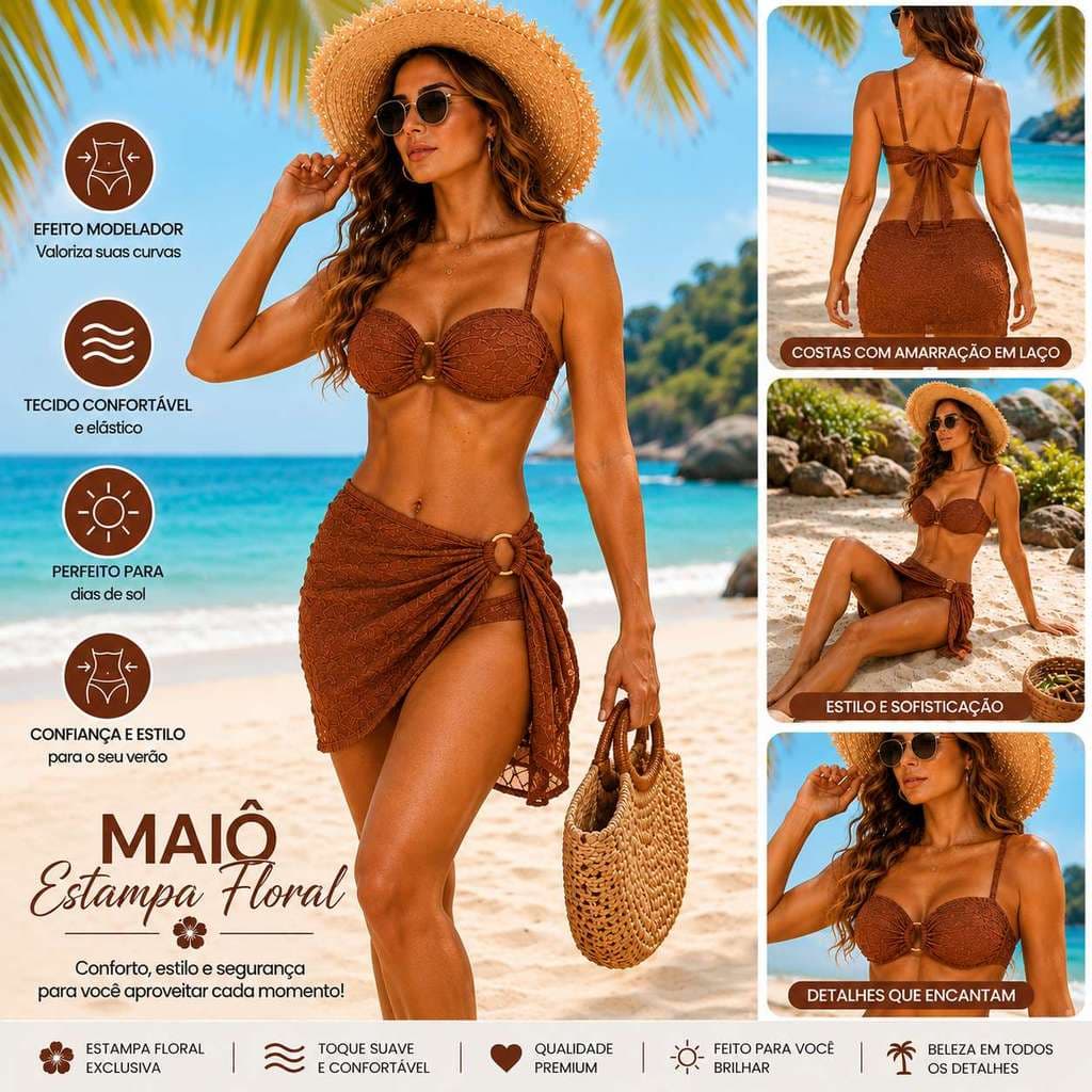 Maiô Feminino Biquíni 2 em 1 com Saída de Praia Estilo Floral Moda Praia Verão