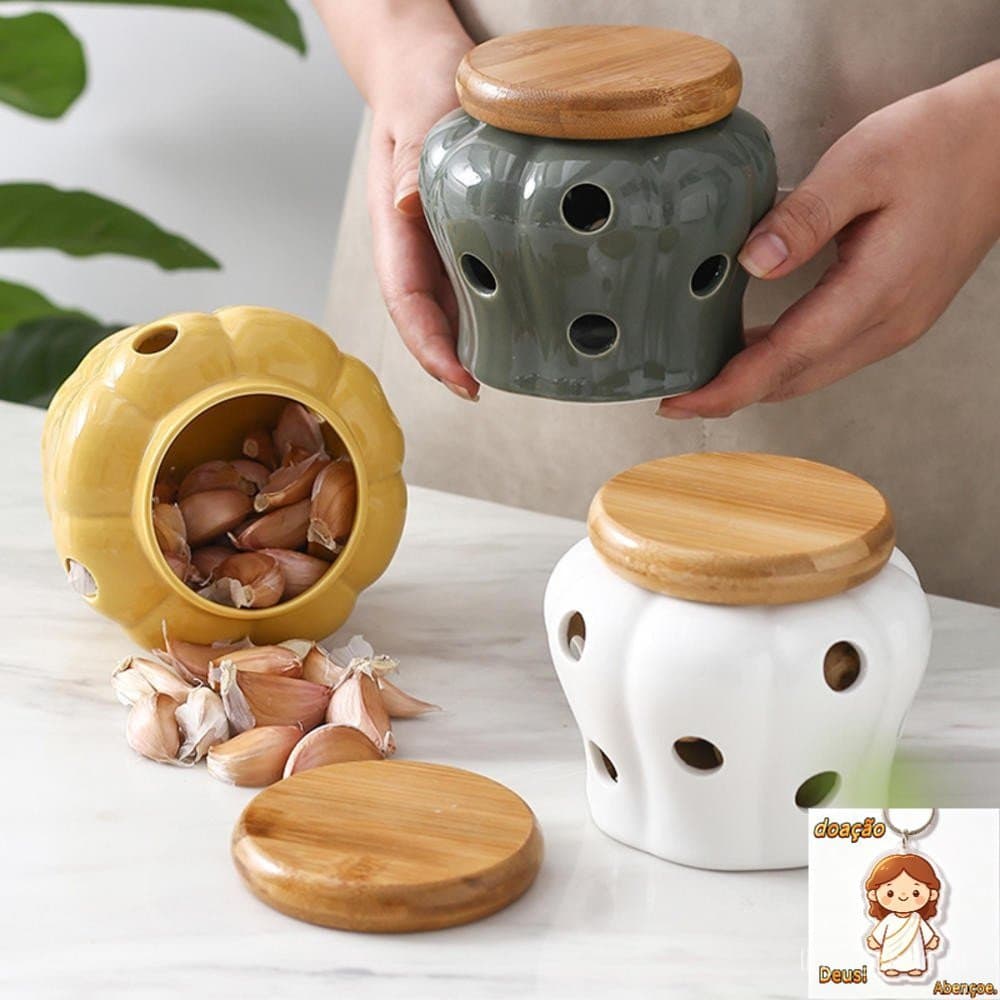 Recipiente de grãos de ventilação branca de cerâmica com alho e pimenta caixa de doces de bambu para uso doméstico