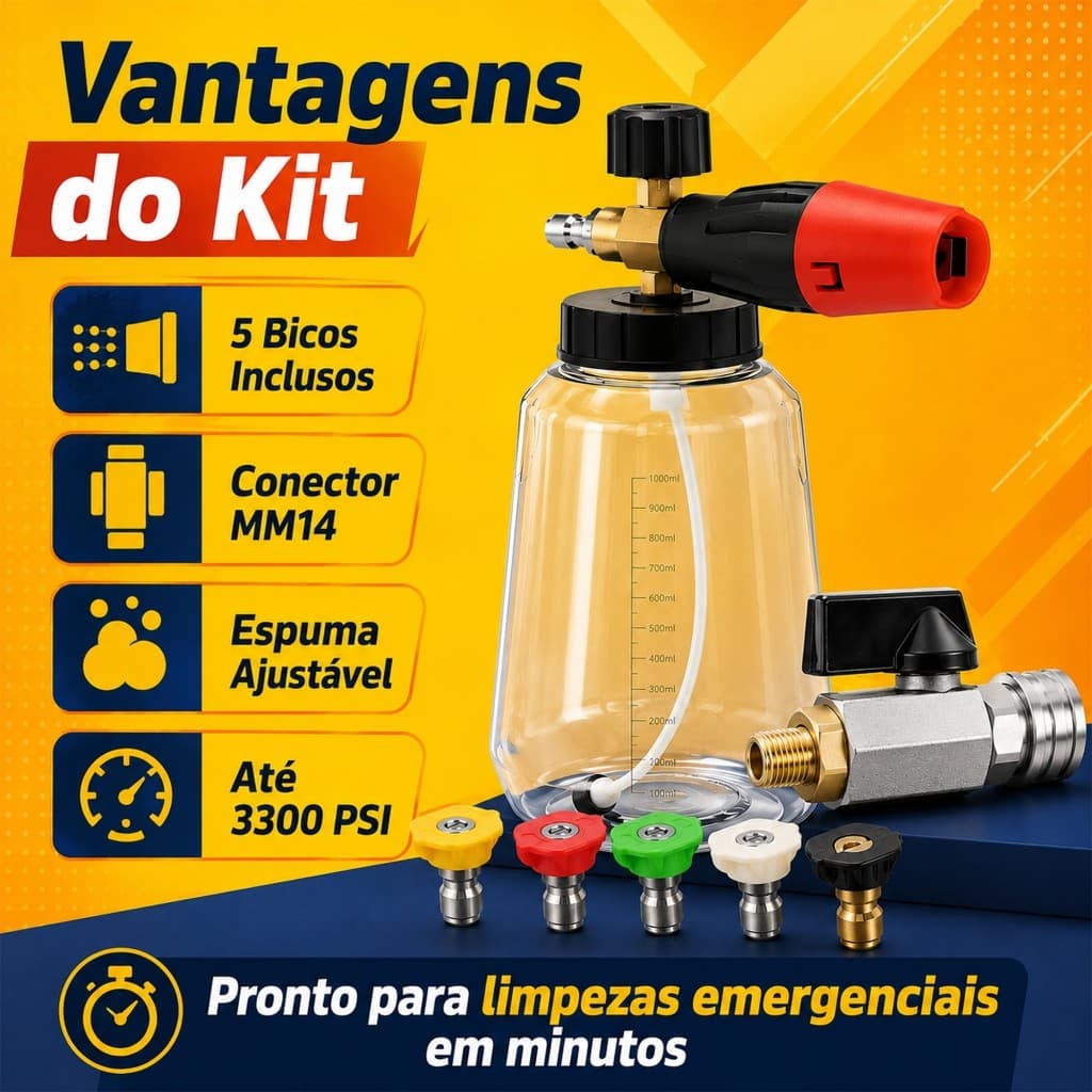 Kit Canhão De Espuma Snow Foam Lavadora Alta Pressão Com 5 Bicos E Engate Rápido