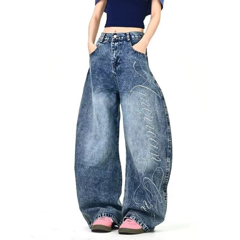 SUN90 americano Retro quente menina estilo folgado usar lavado Denim calças de perna larga Design feminino sentir esfreg