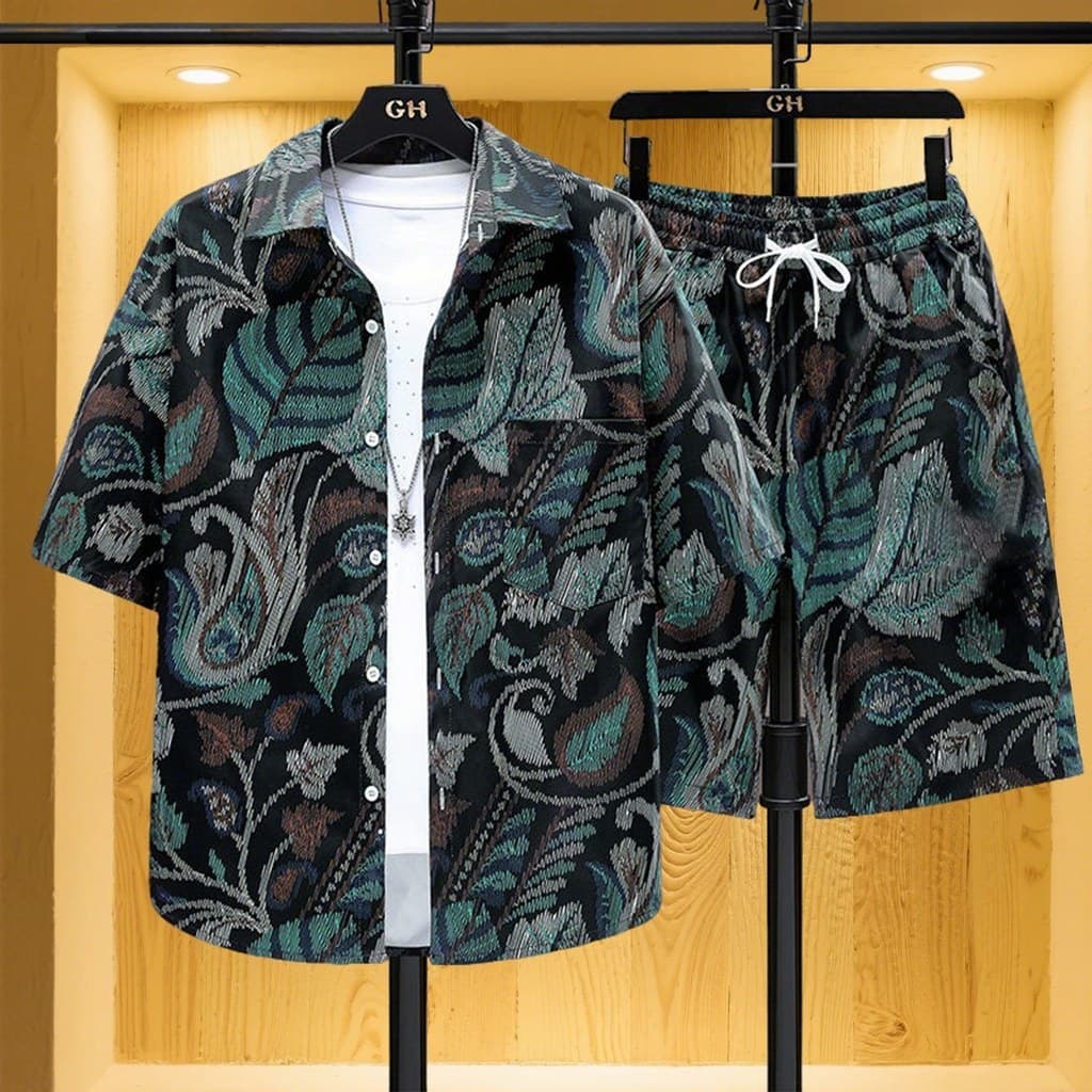 2025 camisa masculina terno de seda gelo camisa solta respirável estilo fino legal praia manga curta um conjunto #