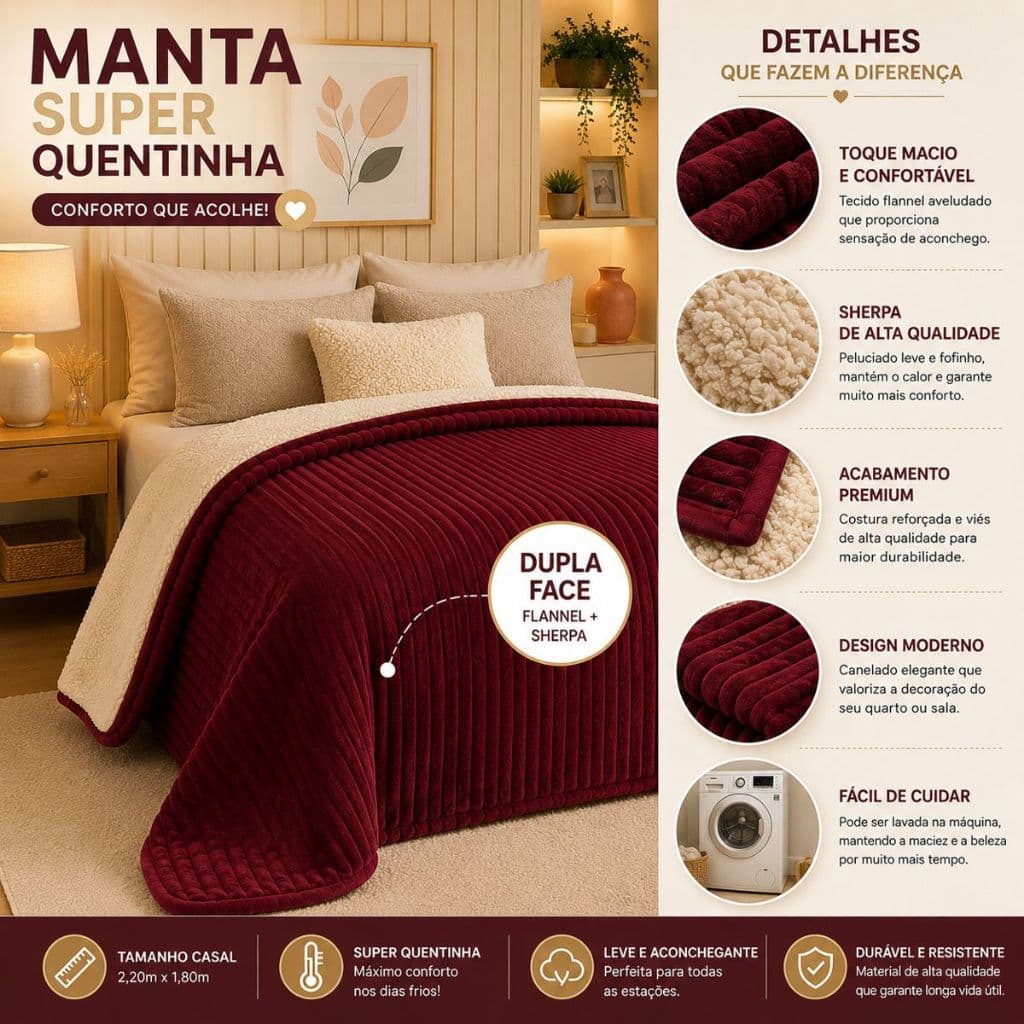 Manta Sherpa Casal 2,20x1,80 Dupla Face Flannel + Sherpa Super Macia Luxo