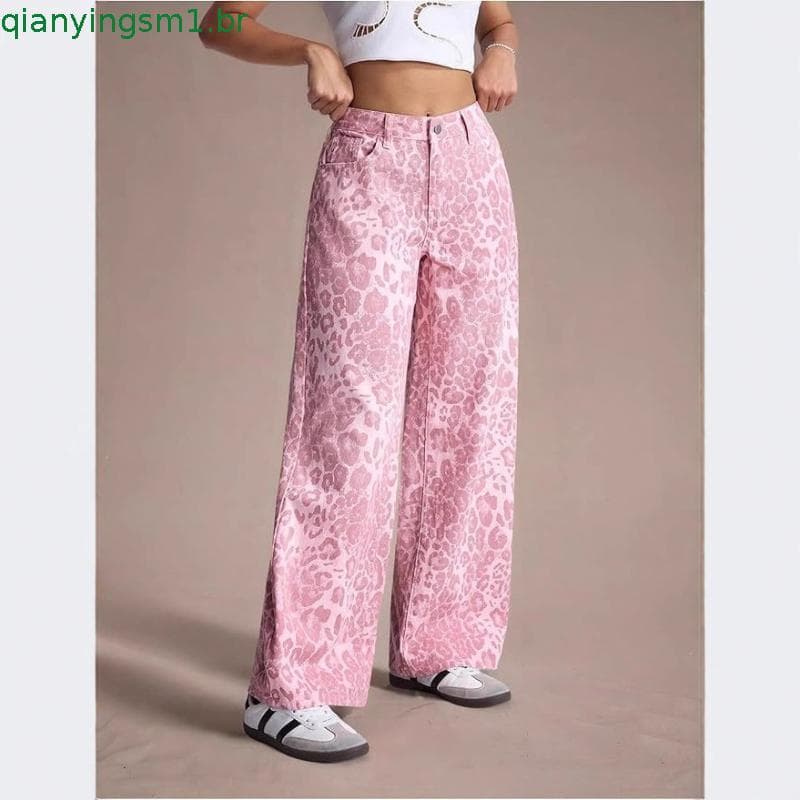 Dopna rosa leopardo impressão Jeans feminino verão moda solta Casual em linha reta calças de perna larga calças de ch