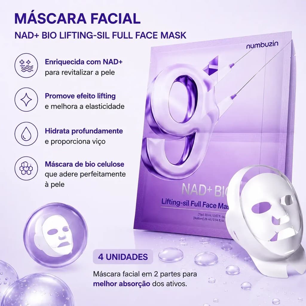 Máscara Facial Numbuzin No.9 NAD+ BIO Lifting-sil – Caixa com 4 Unidades + Banda Lifting