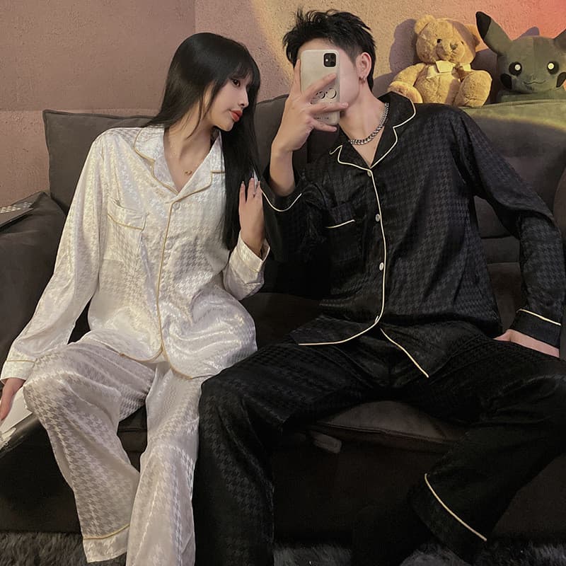 Casal pijamas primavera outono gelo seda Jacquard masculino feminino manga longa solto tamanho grande Loungewear lapela
