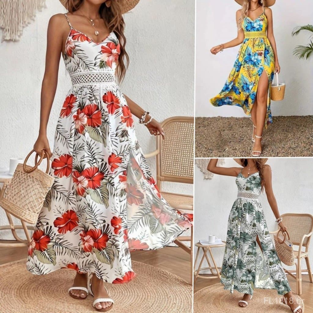 Vestido longo de festa feminino, com design em patchwork, estampa com fenda e decote em V de renda.