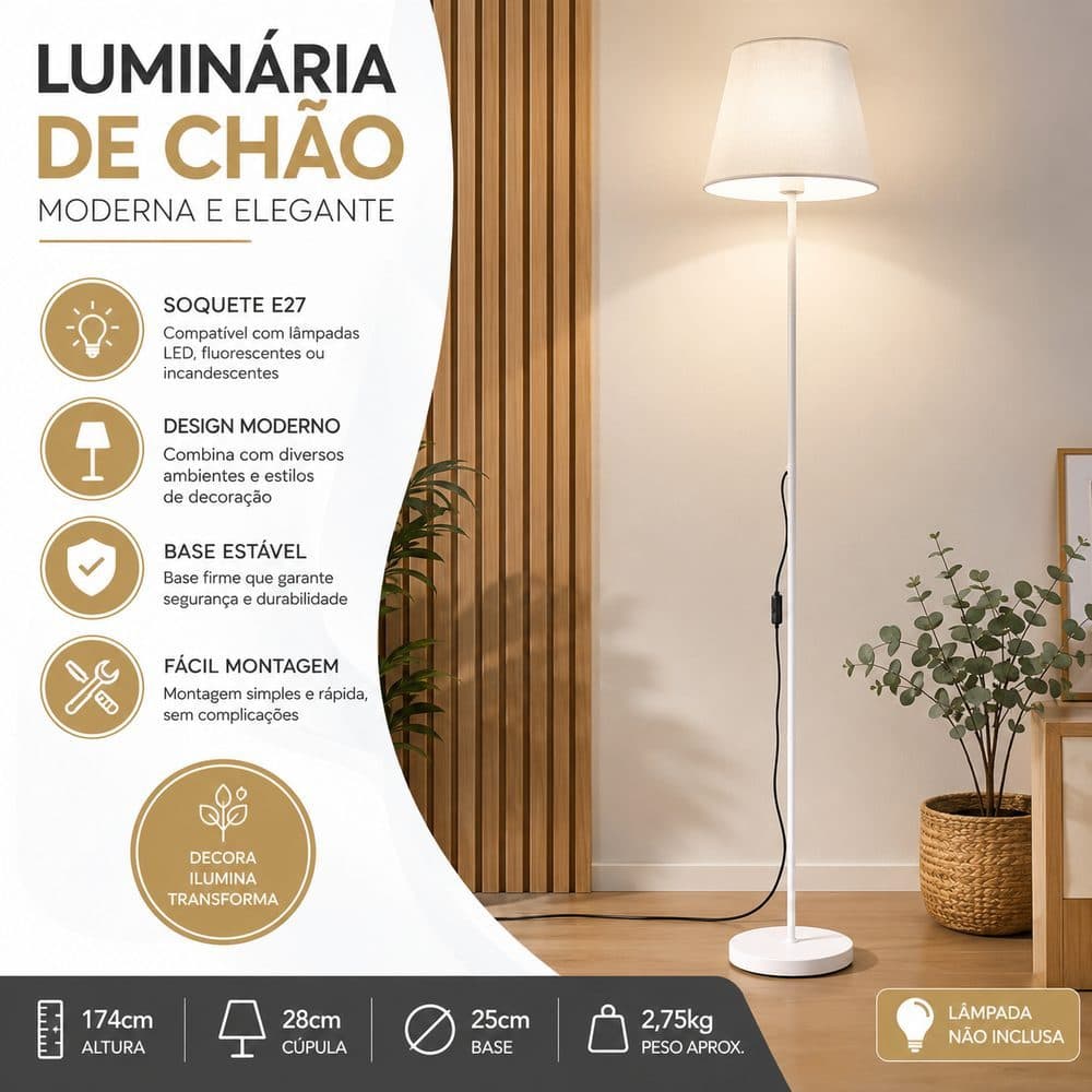 Luminária de Chão Abajur de Piso E27 Moderna com Cúpula para Sala Quarto Escritório Leitura Decoração