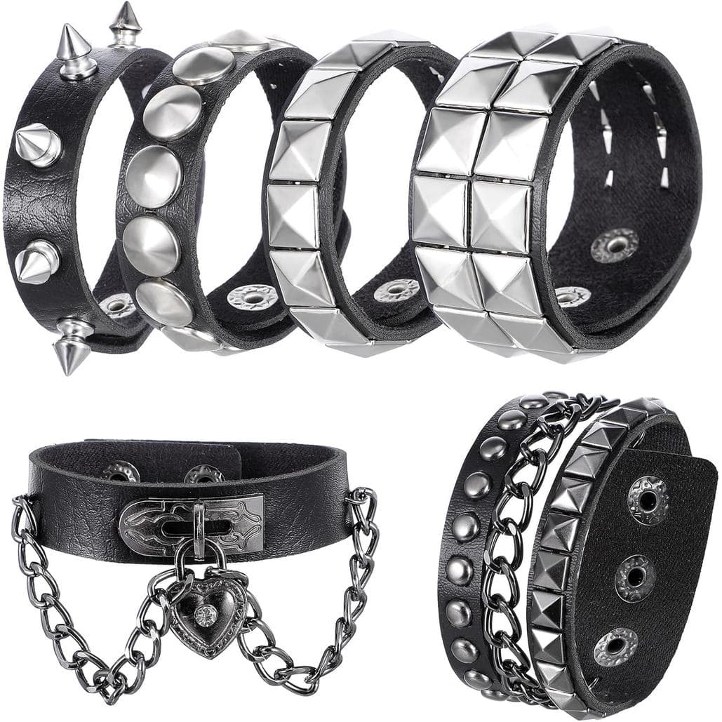 6 Peças De Pulseira Emo , Pulseiras Punk De Couro Goth Rock Com Pontas Para Homens E Mulheres Punho Cravejado De Metal ,