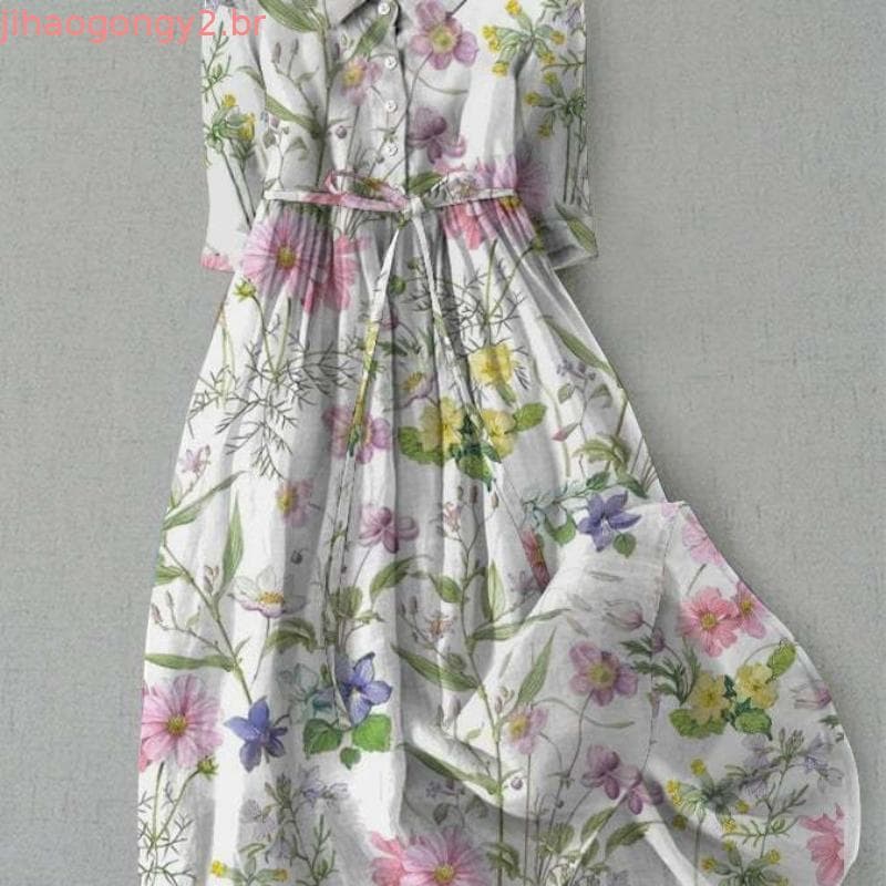[beautymart .] Vestido Feminino Primavera Estampa Floral Manga Média Lapela Decote Em V Renda Cintura Alta Linha A Meio