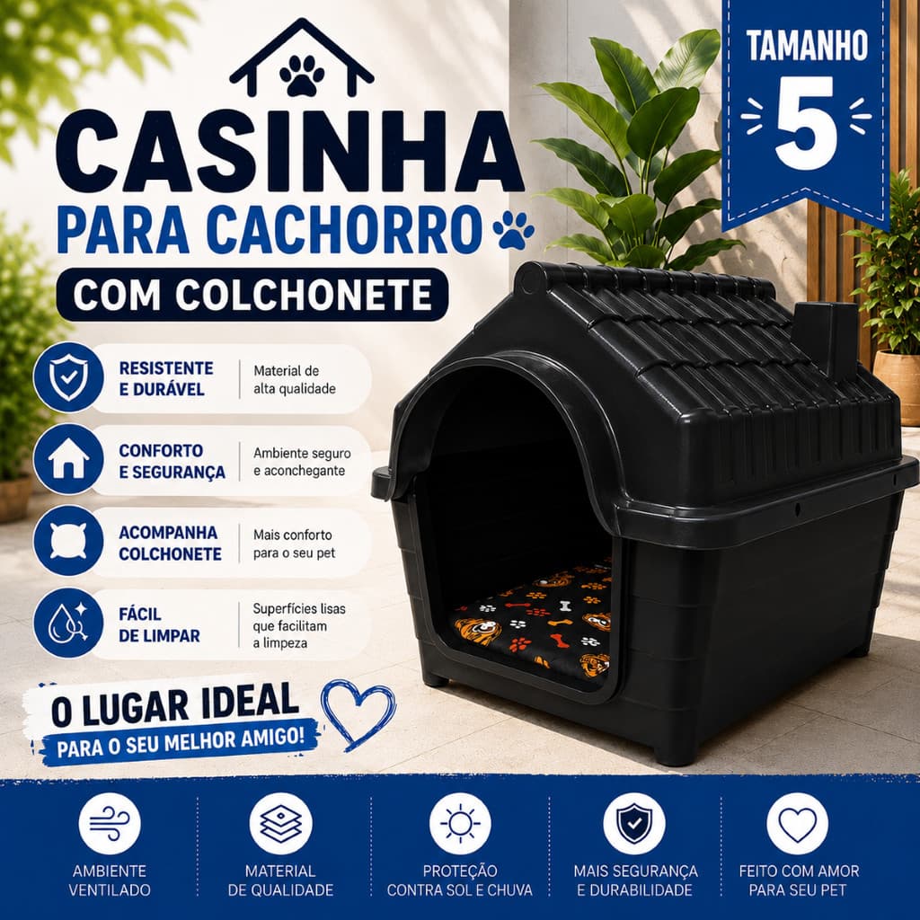 Casinha Plástico Resistente N5 para Cachorro com Colchonete Confortável
