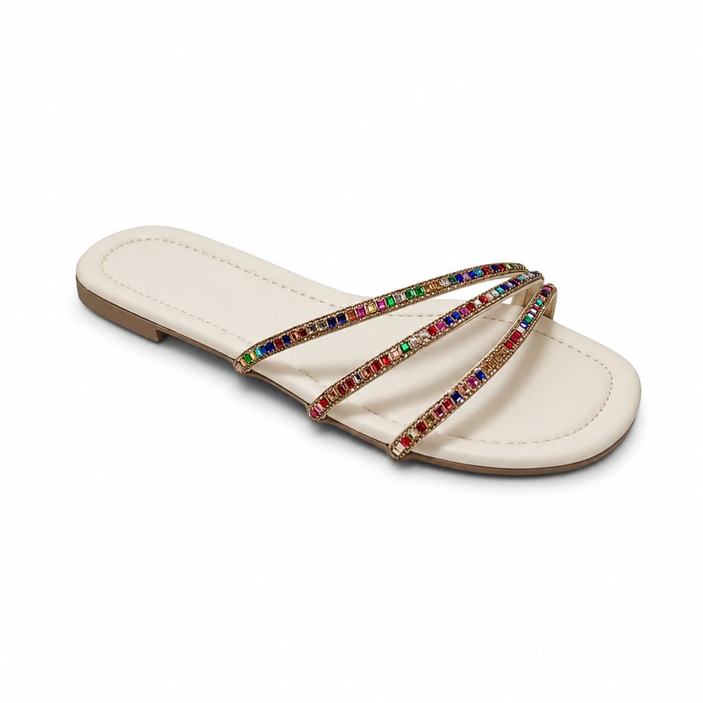 Rasteirinha Feminina Strass Colorido 3 Tiras Sandália Rasteira Confortável Casual Brilho